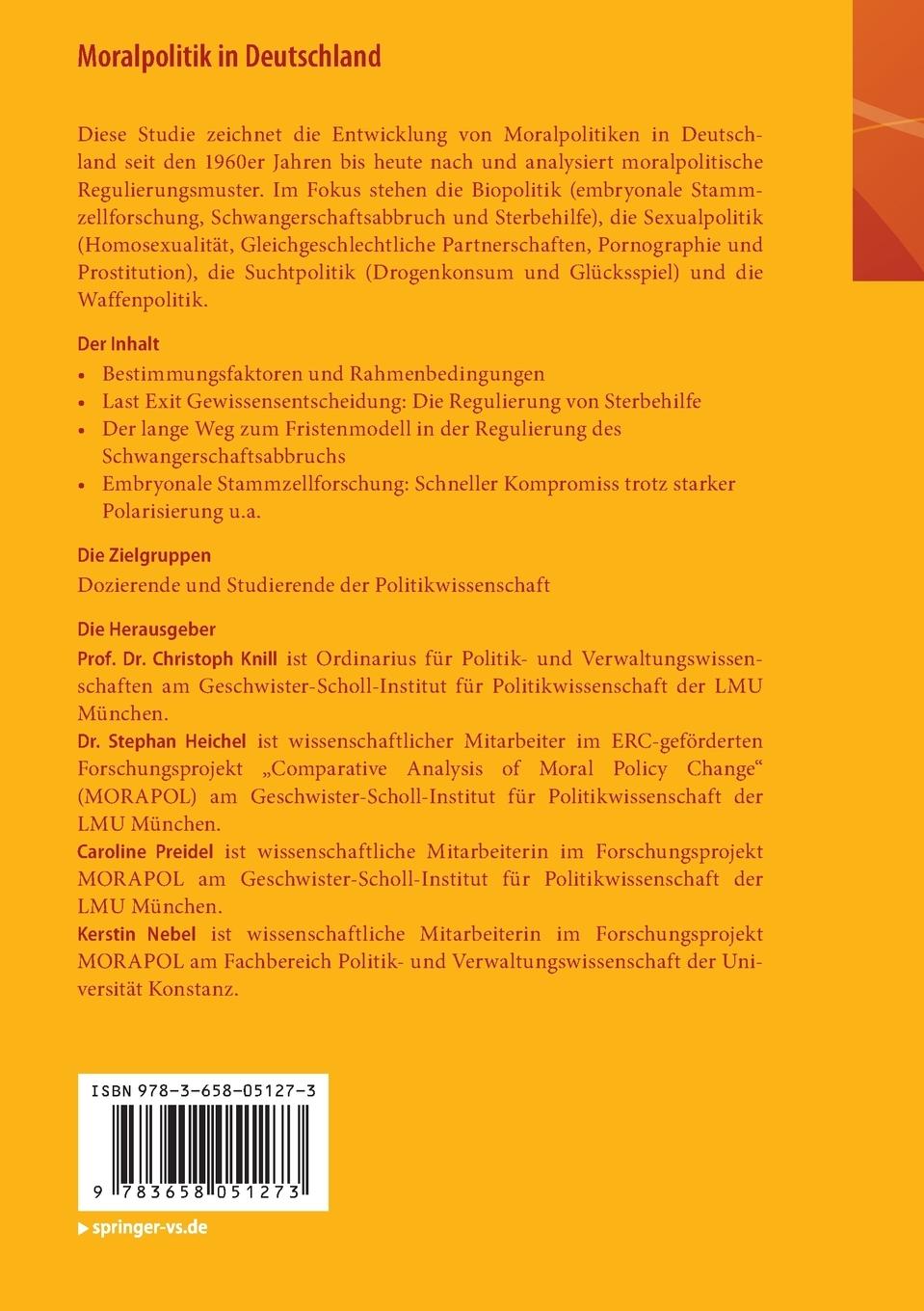 Rückseite: 9783658051273 | Moralpolitik in Deutschland | Christoph Knill (u. a.) | Taschenbuch