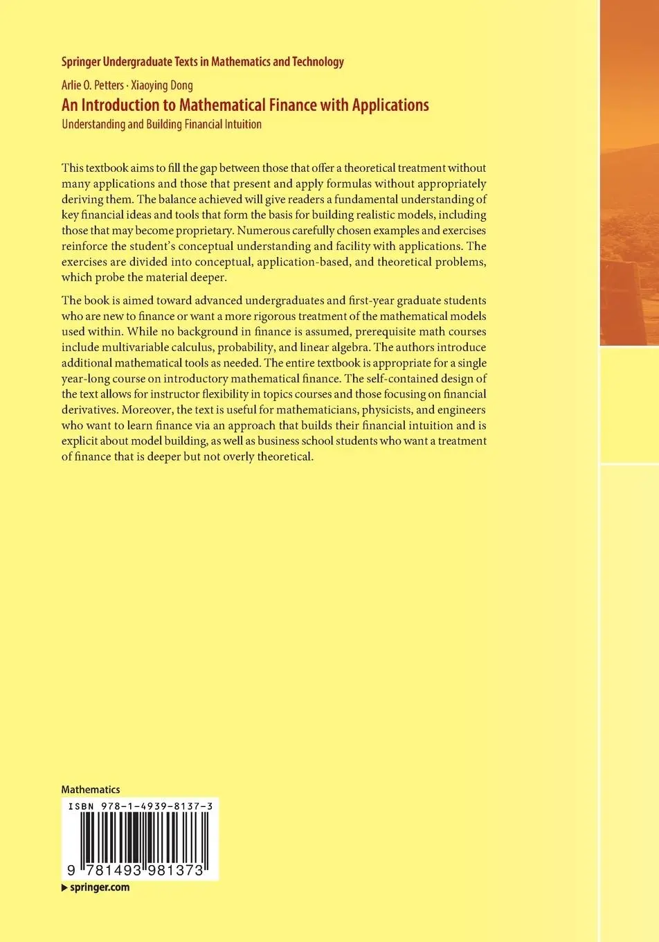 Rückseite: 9781493981373 | An Introduction to Mathematical Finance with Applications | Buch