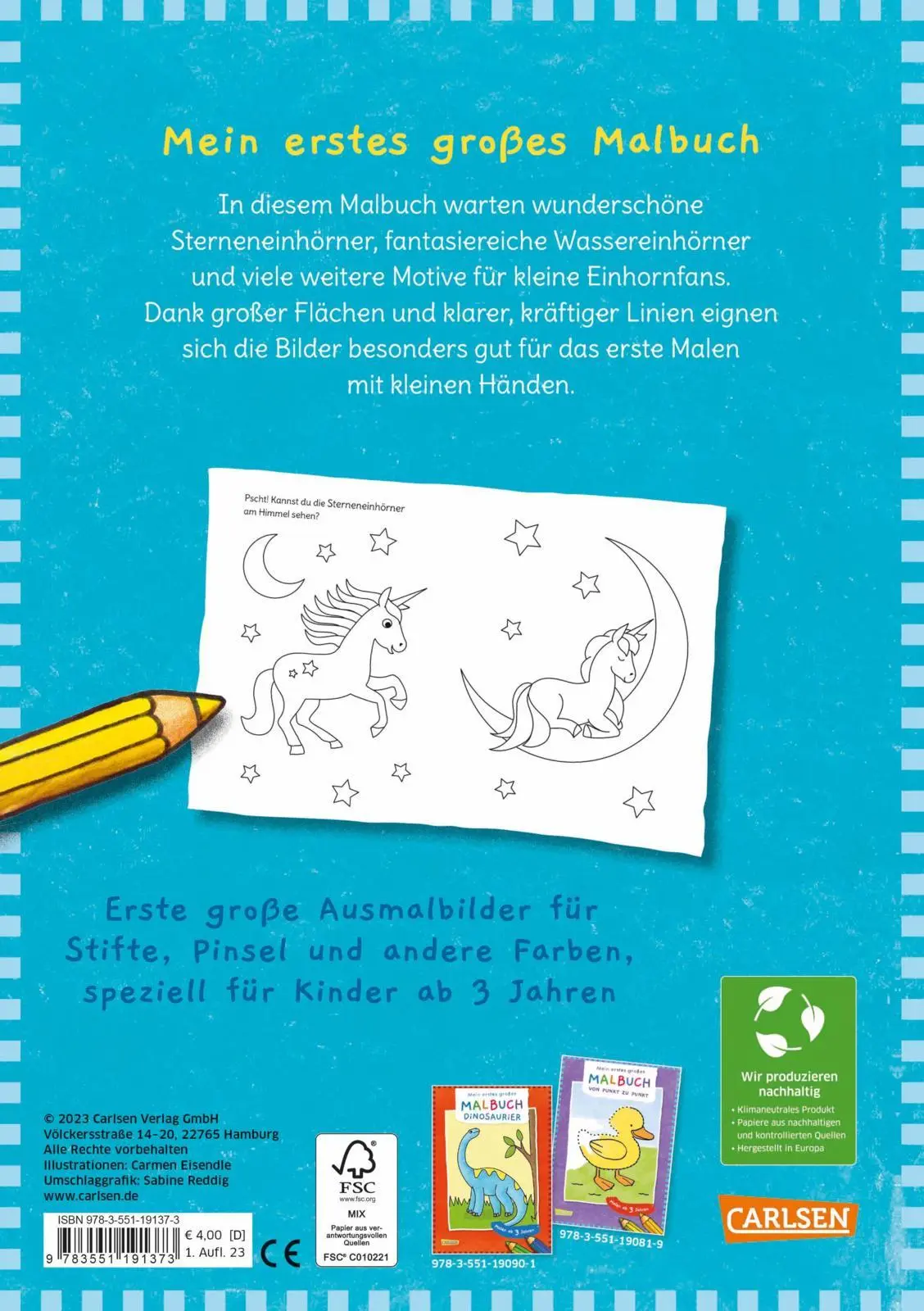 Rückseite: 9783551191373 | Ausmalbilder für Kita-Kinder: Mein erstes großes Malbuch: Einhörner