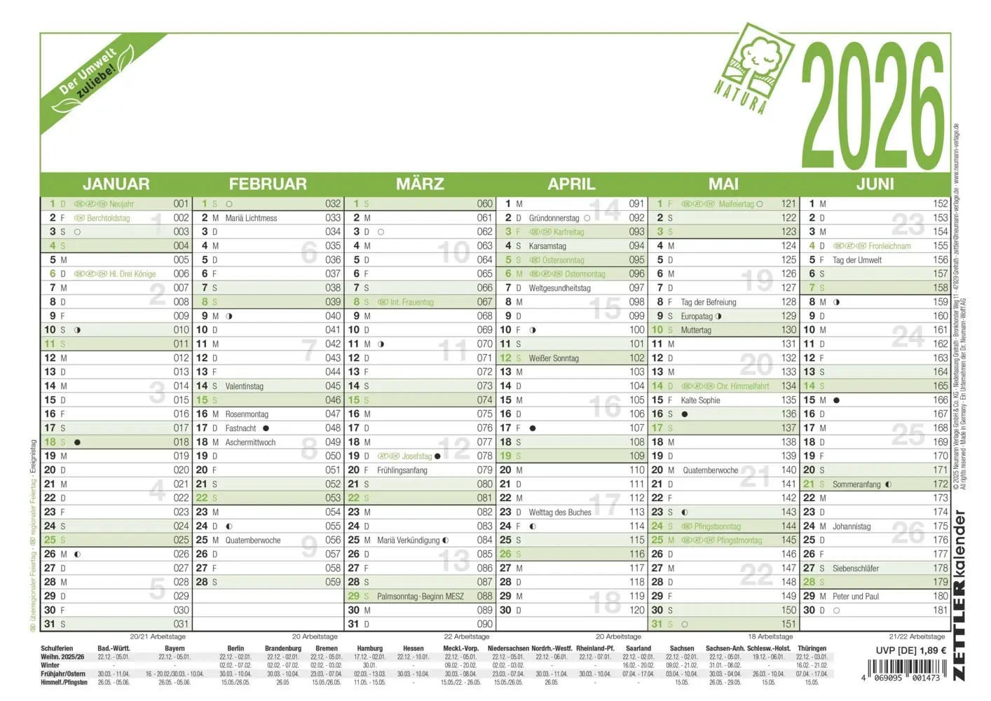 Cover: 4069095001473 | Zettler Arbeitstagekalender A4 Blauer Engel 2026 - Bürokalender...