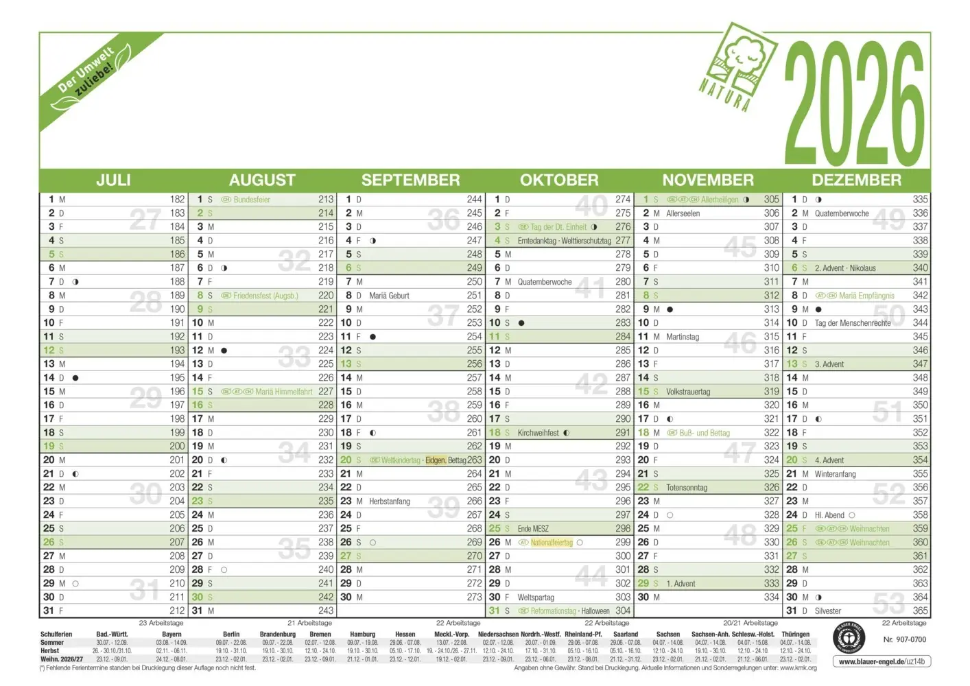 Bild: 4069095001473 | Zettler Arbeitstagekalender A4 Blauer Engel 2026 - Bürokalender...