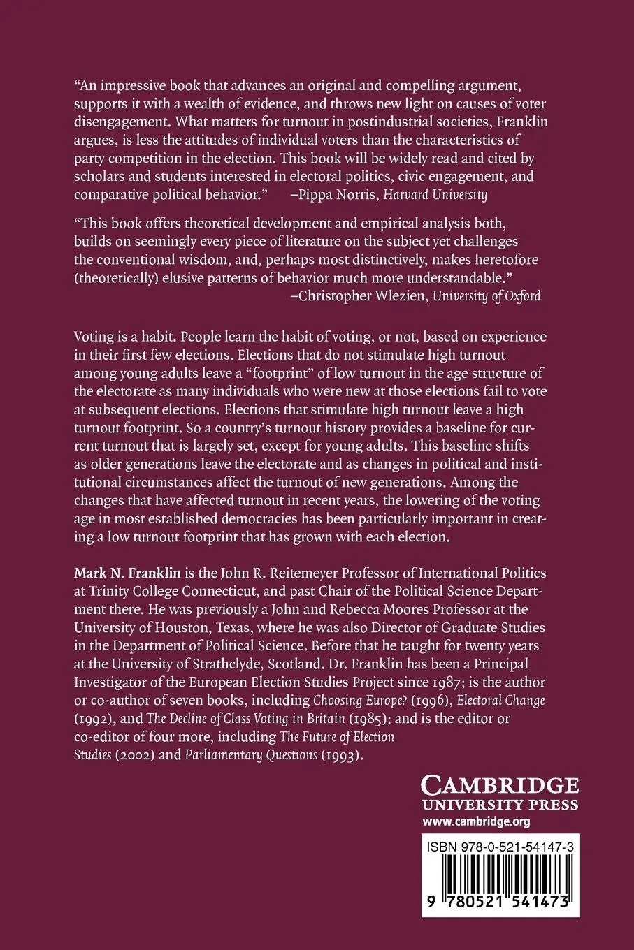 Rückseite: 9780521541473 | Voter Turnout and the Dynamics of Electoral Competition in...