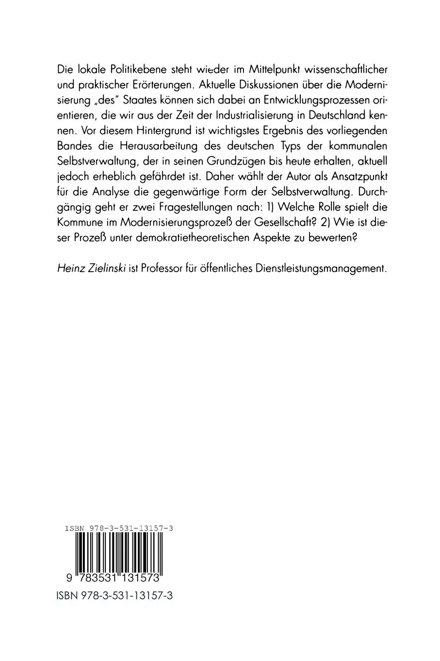 Rückseite: 9783531131573 | Kommunale Selbstverwaltung im modernen Staat | Heinz Zielinski | Buch