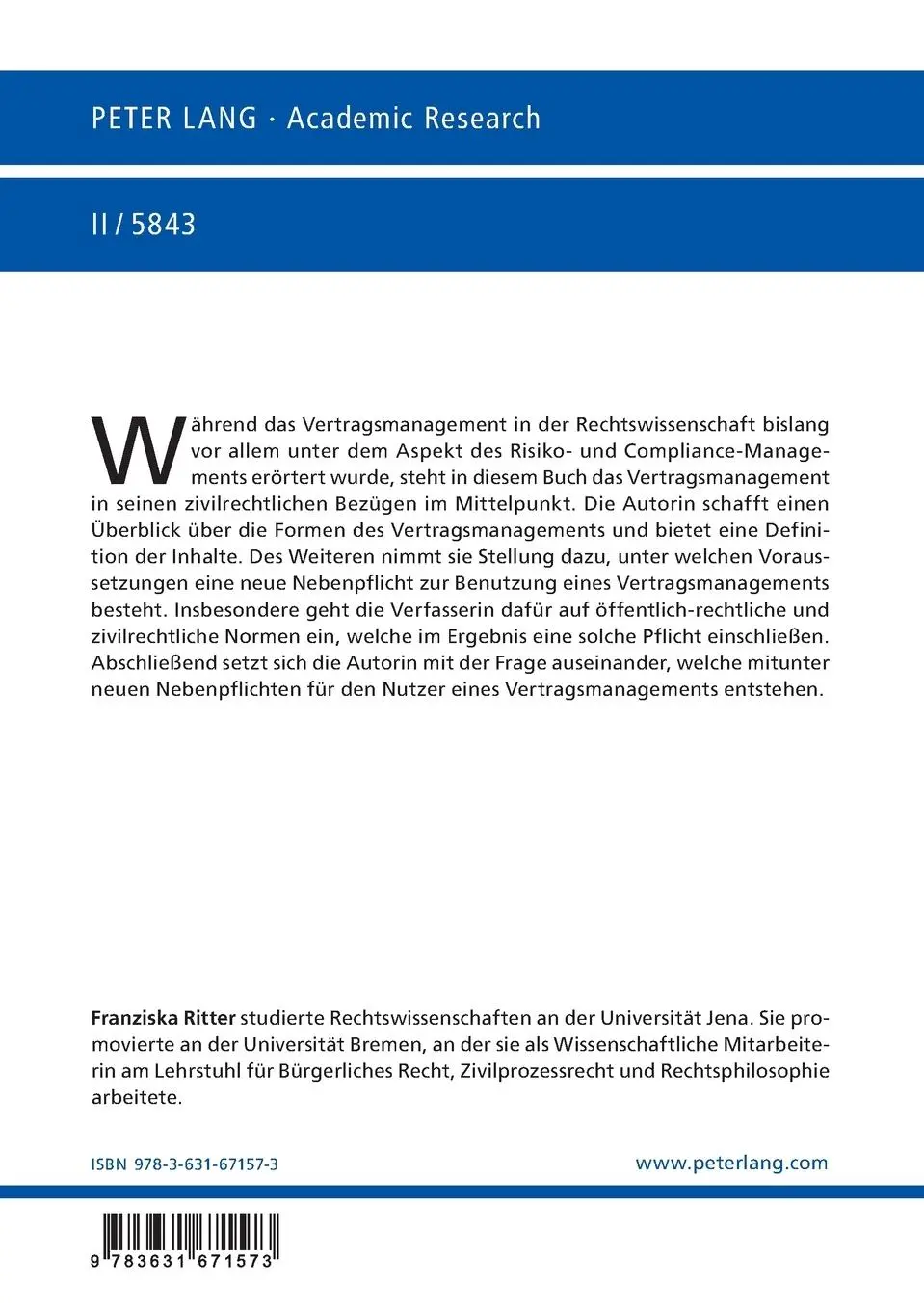 Rückseite: 9783631671573 | Vertragliche Nebenpflichten beim Vertragsmanagement | Franziska Ritter