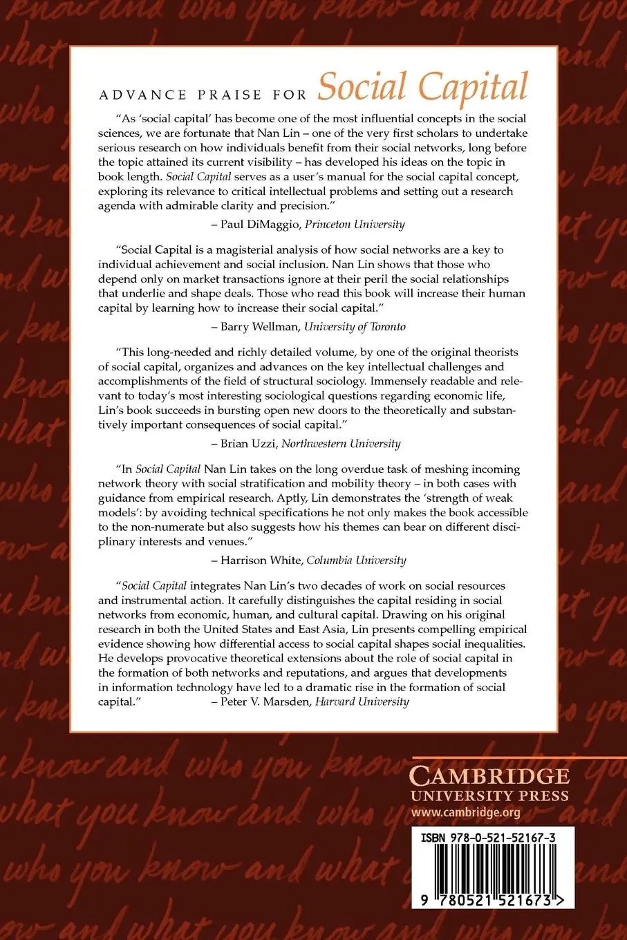 Rückseite: 9780521521673 | Social Capital | A Theory of Social Structure and Action | Nan Lin