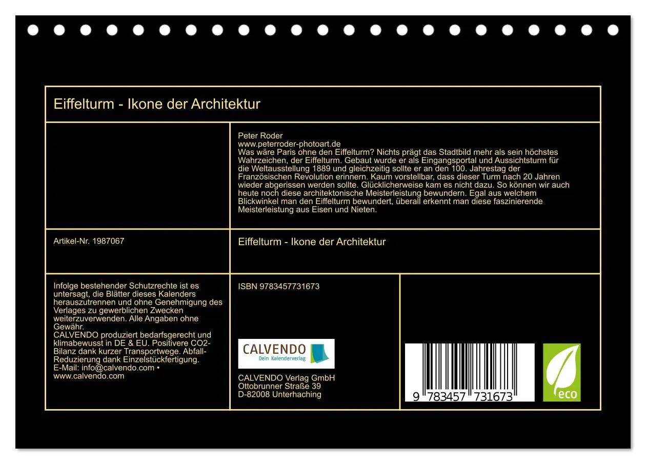 Bild: 9783457731673 | Eiffelturm - Ikone der Architektur (Tischkalender 2026 DIN A5...
