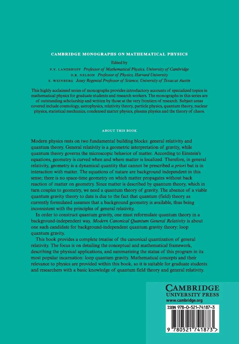 Rückseite: 9780521741873 | Modern Canonical Quantum General Relativity | Thomas Thiemann | Buch