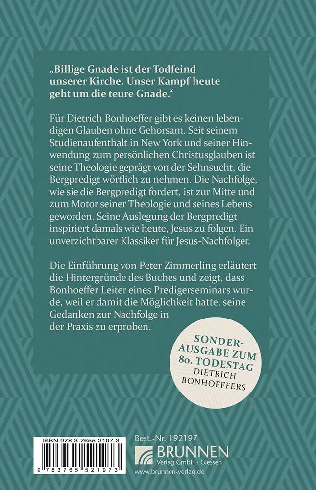 Rückseite: 9783765521973 | Nachfolge | Dietrich Bonhoeffer | Taschenbuch | 314 S. | Deutsch