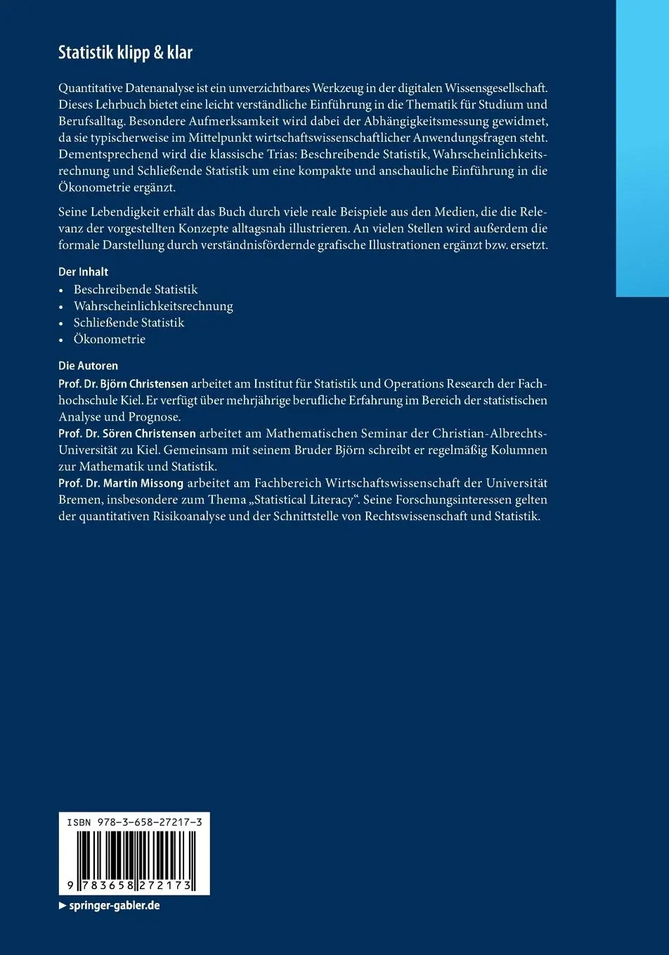 Rückseite: 9783658272173 | Statistik klipp &amp; klar | Björn Christensen (u. a.) | Taschenbuch