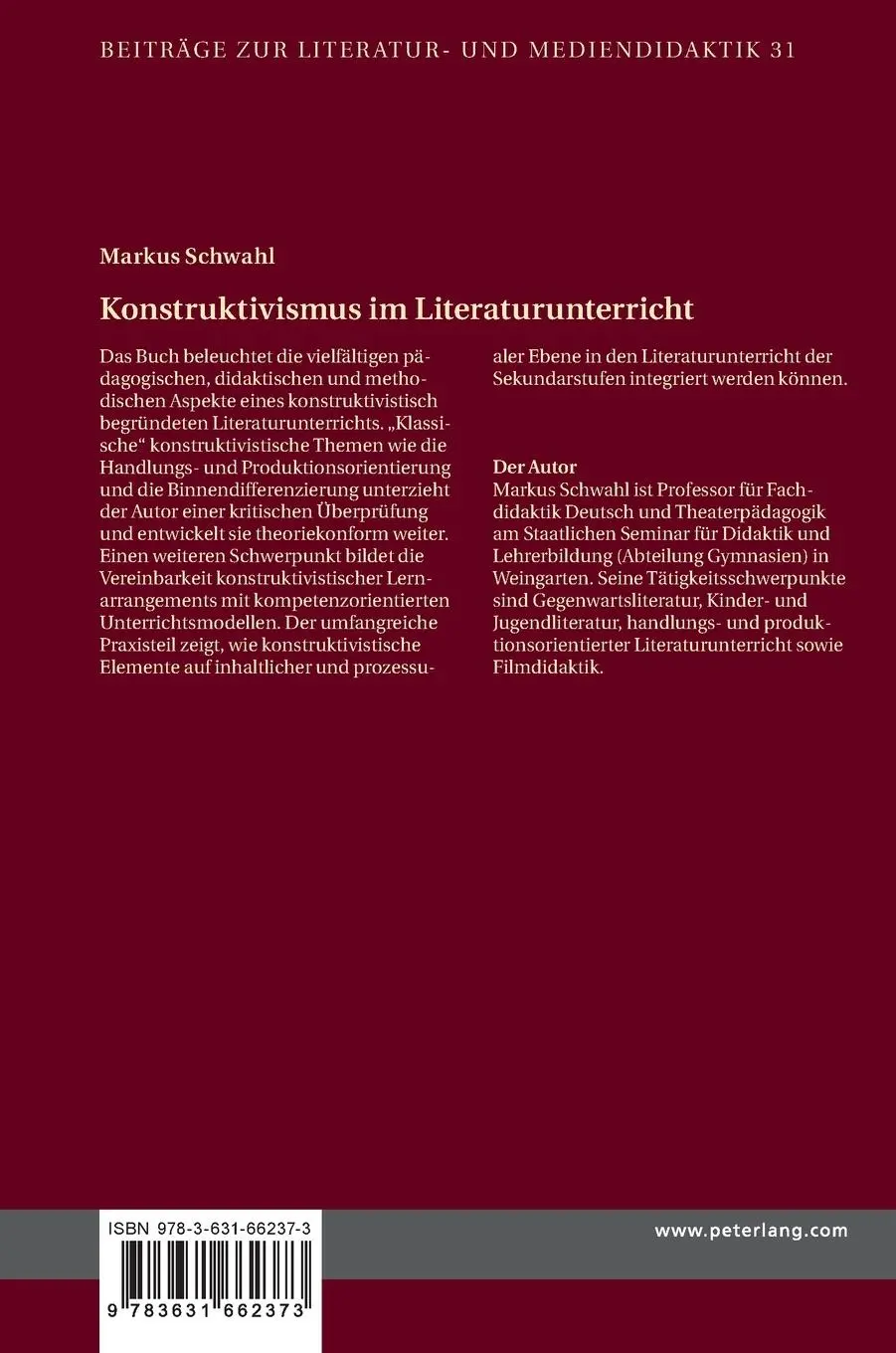 Rückseite: 9783631662373 | Konstruktivismus im Literaturunterricht | Markus Schwahl | Buch | 2015