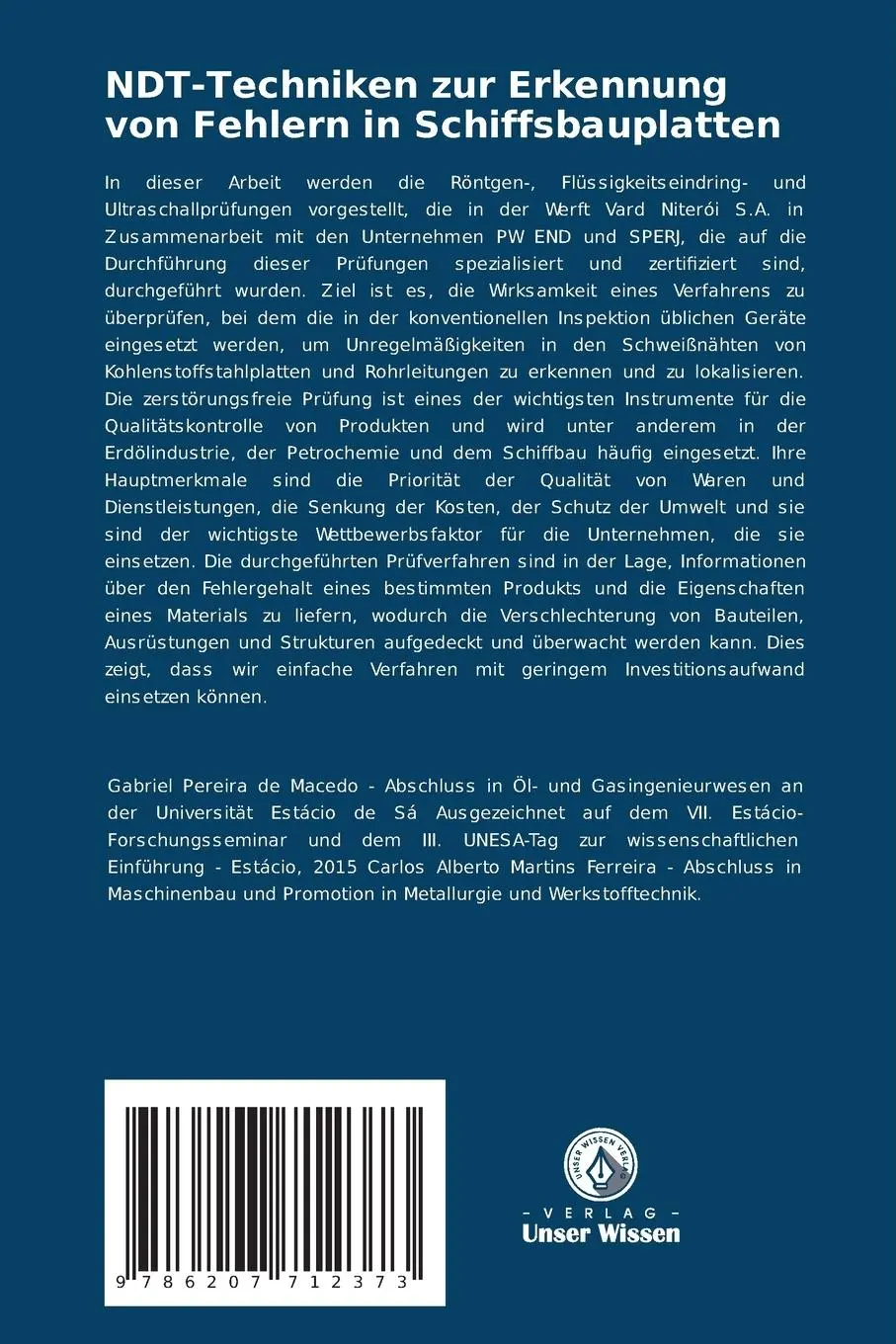Rückseite: 9786207712373 | NDT-Techniken zur Erkennung von Fehlern in Schiffsbauplatten | Buch