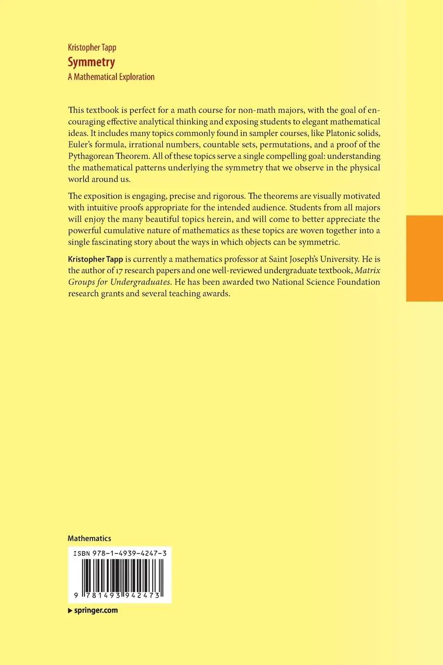 Rückseite: 9781493942473 | Symmetry | A Mathematical Exploration | Kristopher Tapp | Taschenbuch