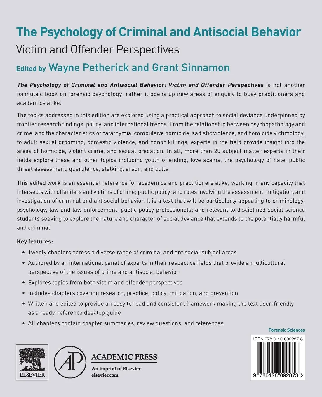 Rückseite: 9780128092873 | The Psychology of Criminal and Antisocial Behavior | Sinnamon (u. a.)