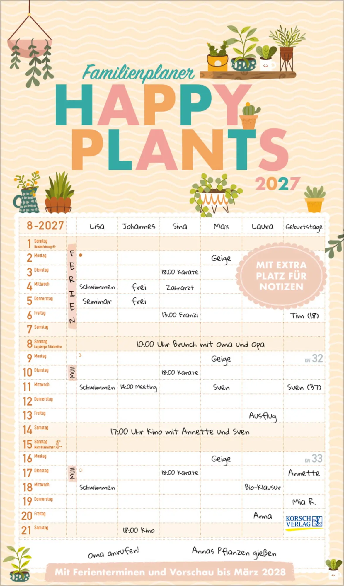 Cover: 9783819303173 | Familienplaner Happy Plants 2027 | Verlag Korsch | Kalender | 14 S.