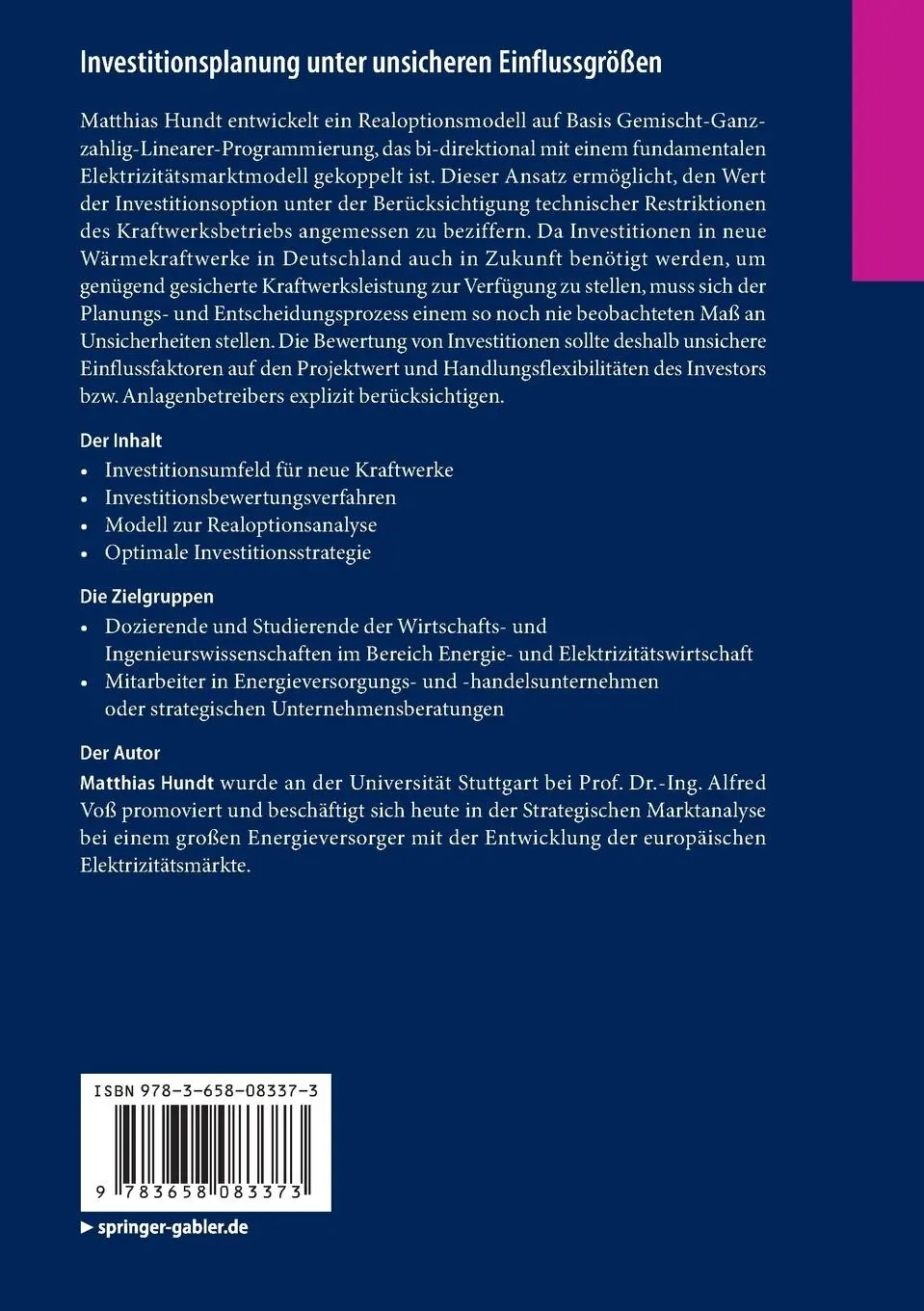 Rückseite: 9783658083373 | Investitionsplanung unter unsicheren Einflussgrößen | Matthias Hundt
