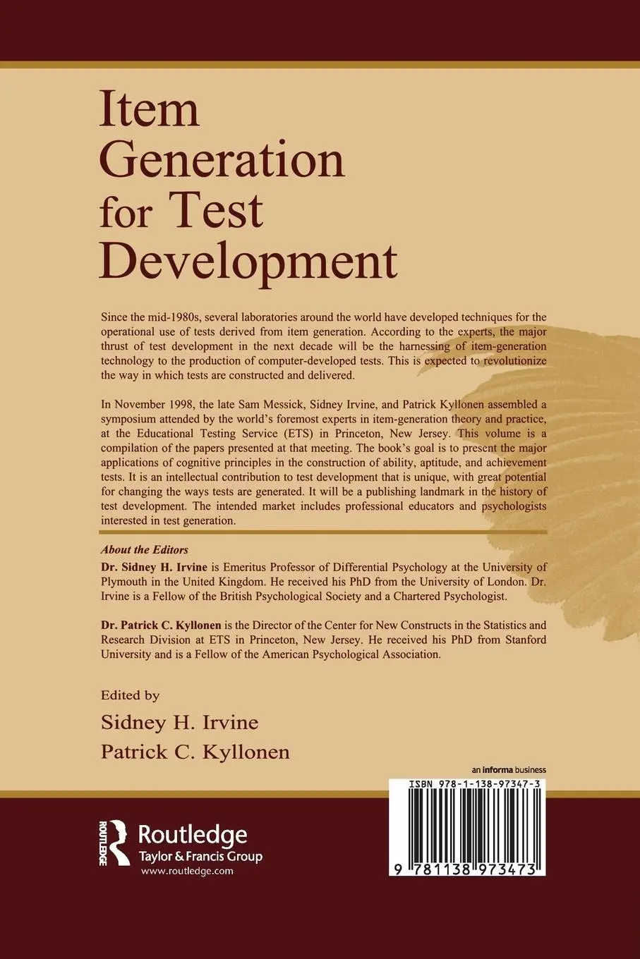 Rückseite: 9781138973473 | Item Generation for Test Development | Sidney H. Irvine (u. a.) | Buch