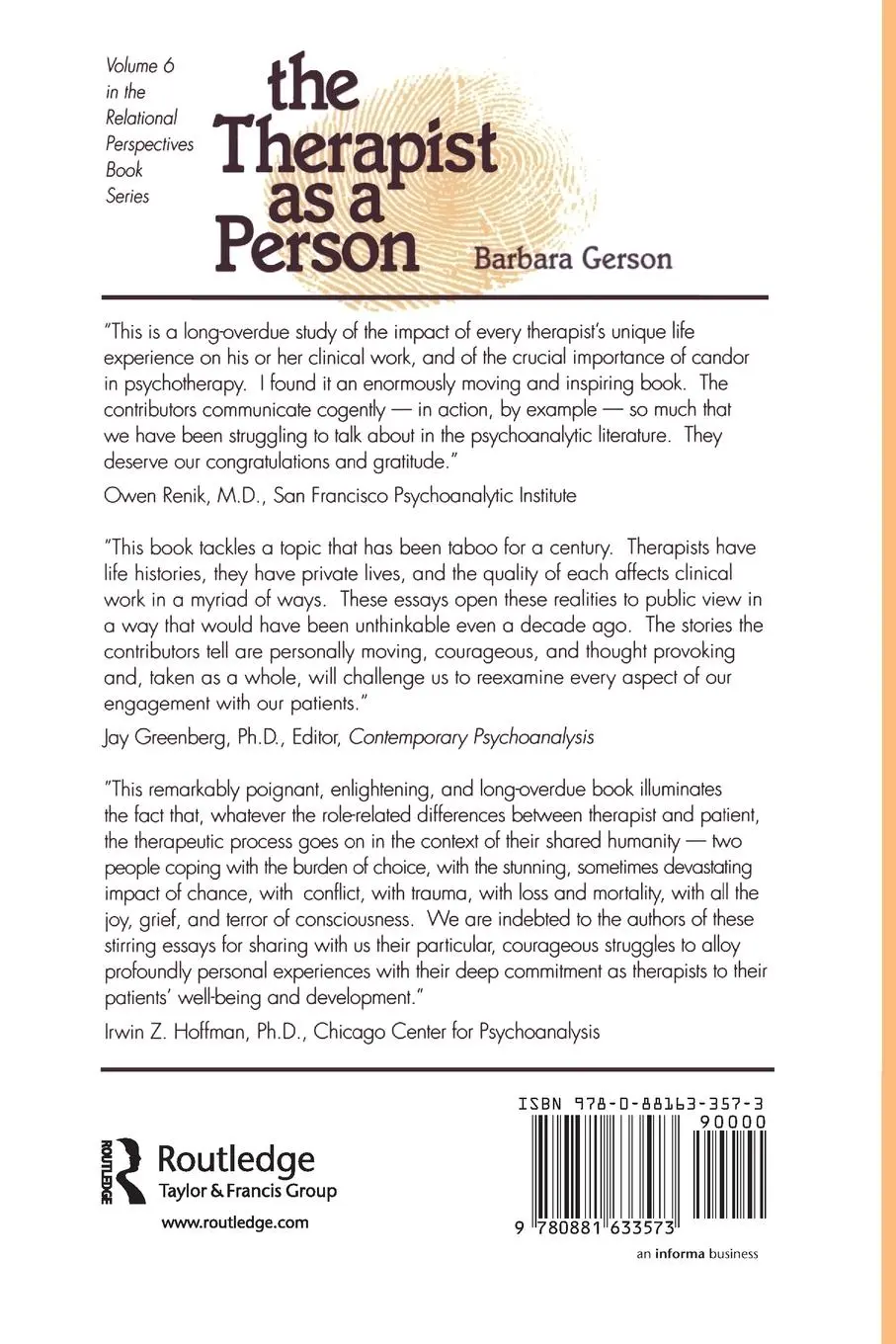 Rückseite: 9780881633573 | The Therapist as a Person | Barbara Gerson | Taschenbuch | Englisch