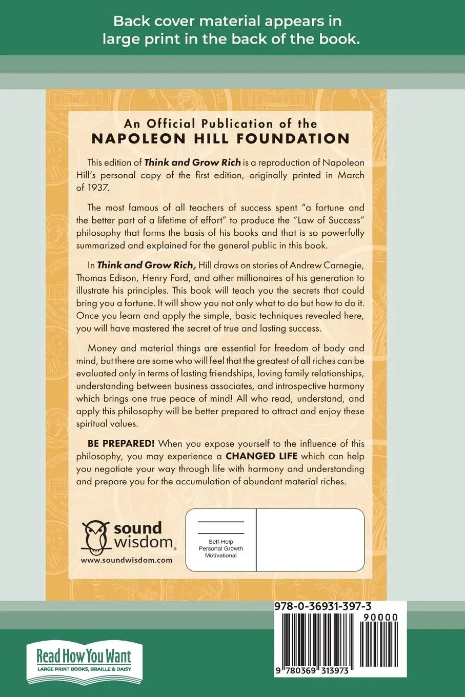 Rückseite: 9780369313973 | Think and Grow Rich | Napoleon Hill | Taschenbuch | Englisch | 2017