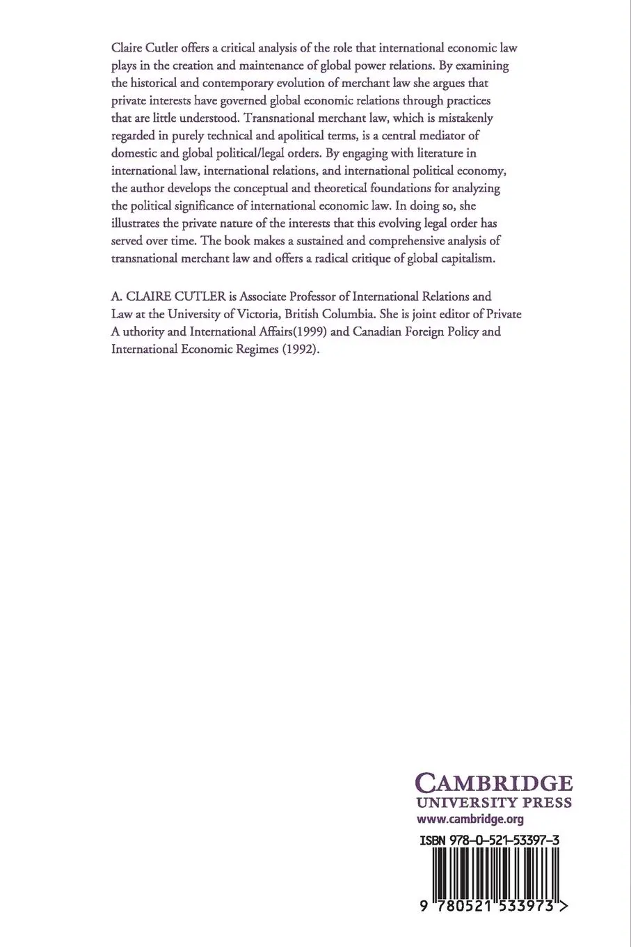 Rückseite: 9780521533973 | Private Power and Global Authority | A. Claire Cutler | Taschenbuch