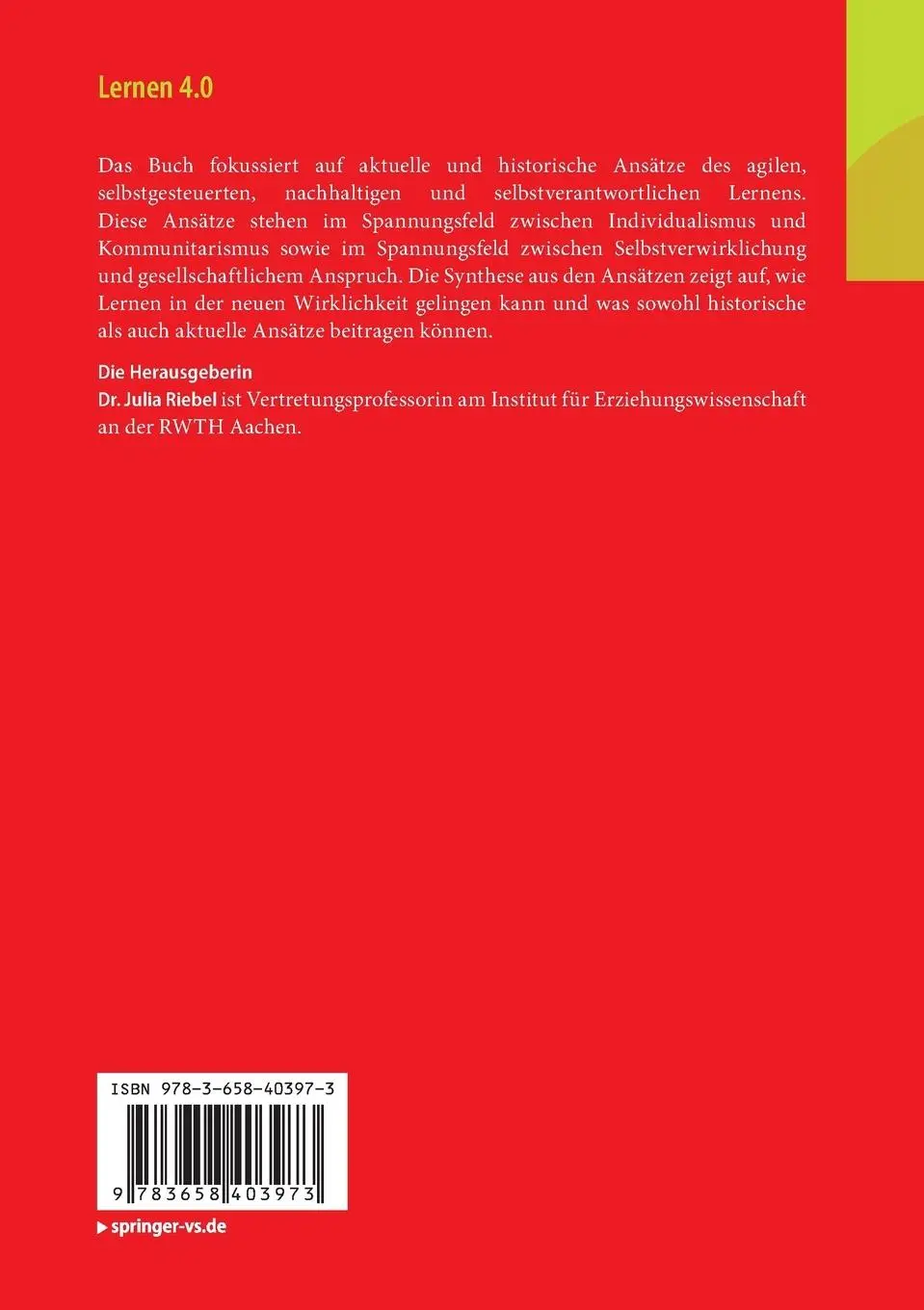 Rückseite: 9783658403973 | Lernen 4.0 | Aufbruch in eine neue Lernwirklichkeit | Julia Riebel | v