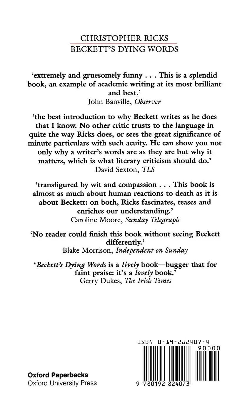 Rückseite: 9780192824073 | Beckett's Dying Words | The Clarendon Lectures 1990 | Ricks | Buch