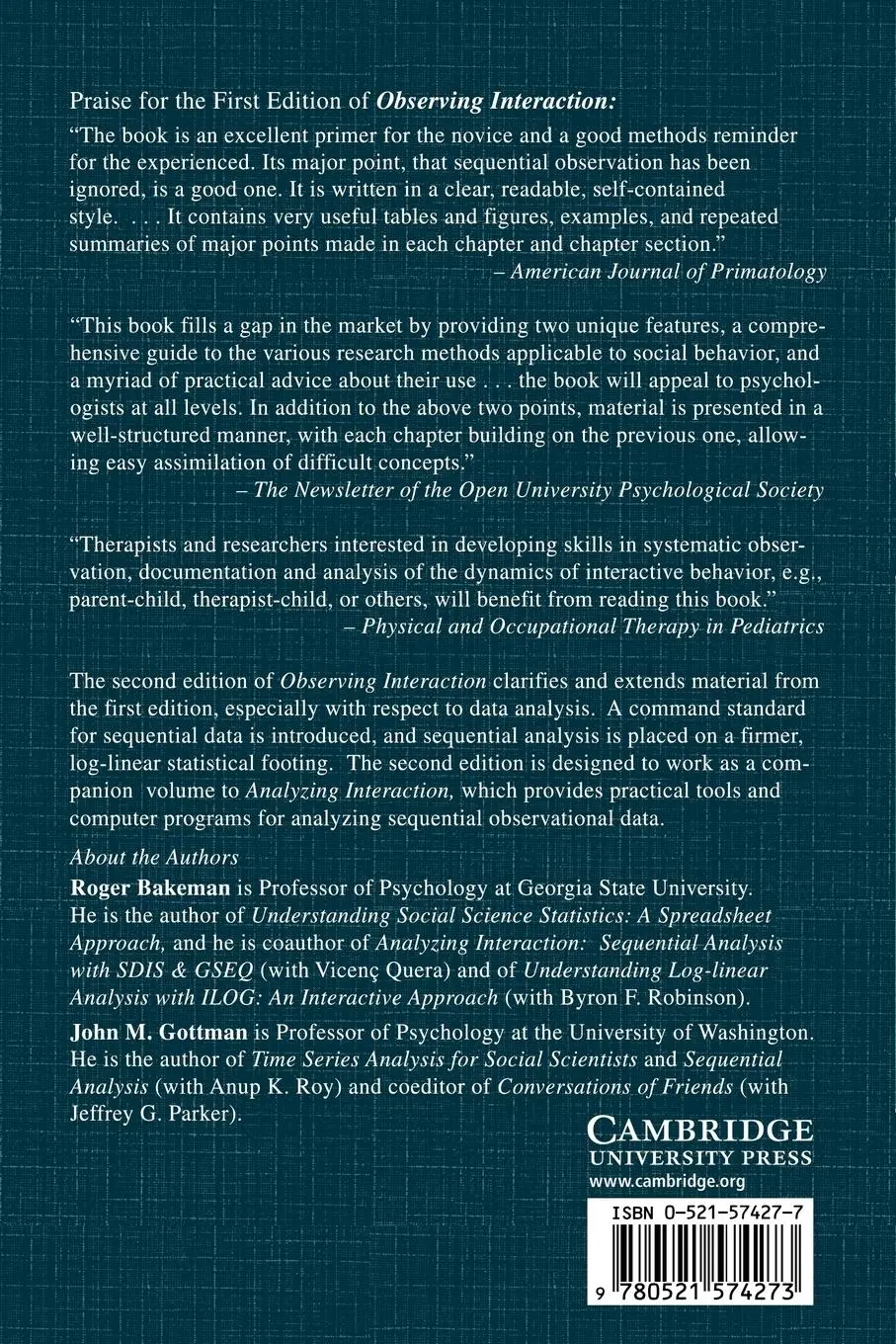 Rückseite: 9780521574273 | Observing Interaction | An Introduction to Sequential Analysis | Buch