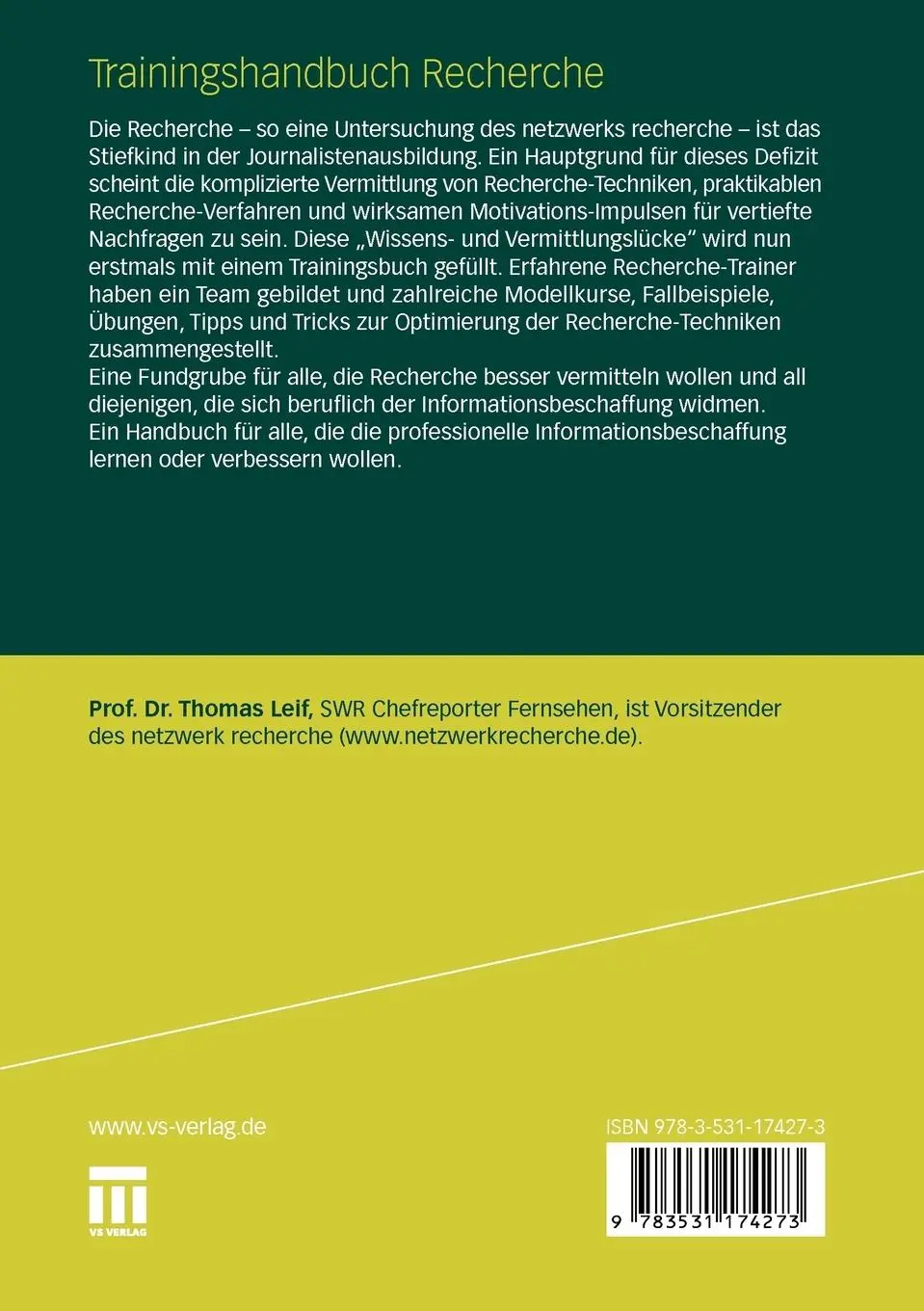 Rückseite: 9783531174273 | Trainingshandbuch Recherche | Informationsbeschaffung professionell