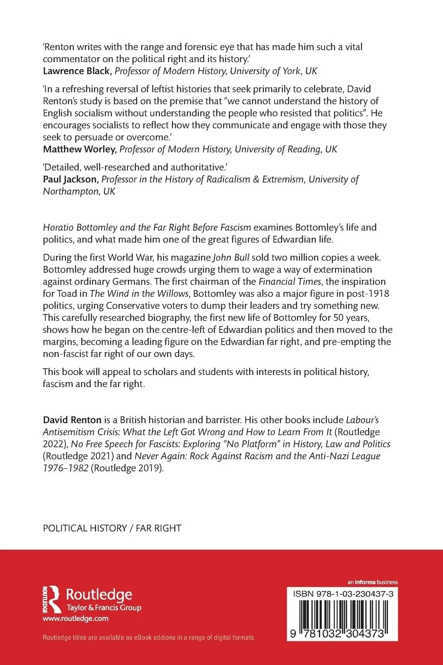 Rückseite: 9781032304373 | Horatio Bottomley and the Far Right Before Fascism | David Renton