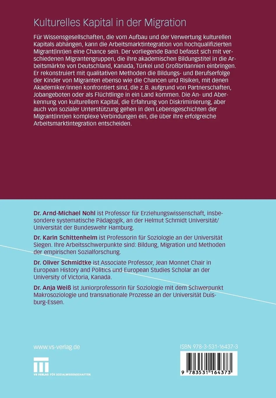Rückseite: 9783531164373 | Kulturelles Kapital in der Migration | Arnd-Michael Nohl (u. a.)