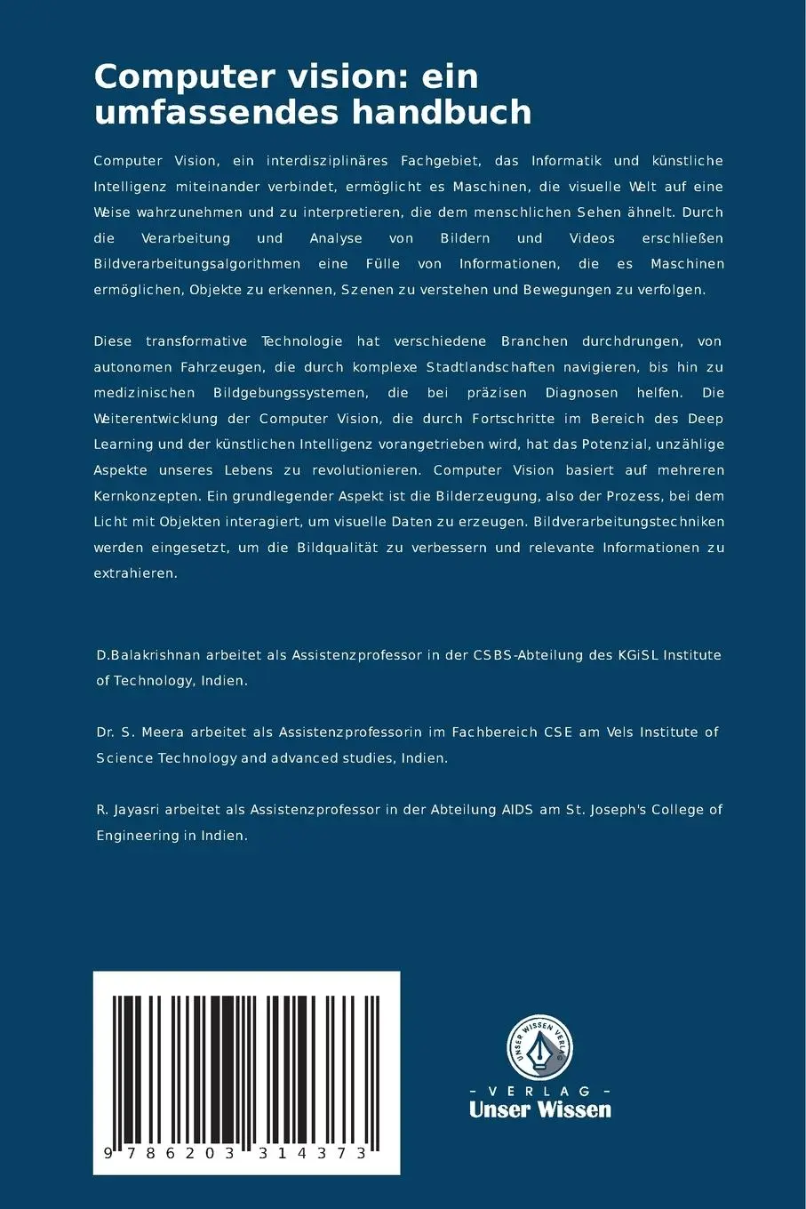 Rückseite: 9786203314373 | Computer vision: ein umfassendes handbuch | Balakrishnan D. (u. a.)