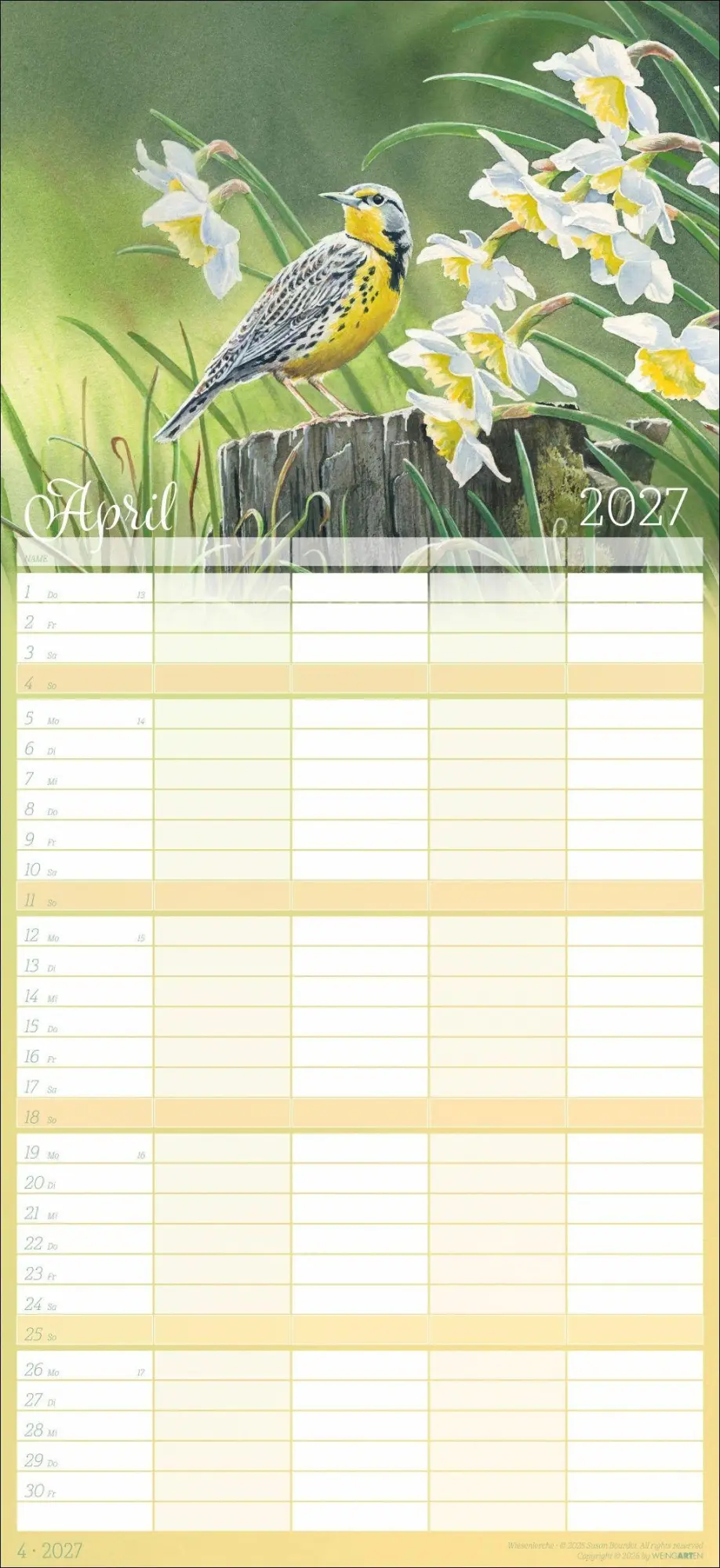 Bild: 9783839904473 | Bunte Vogelwelt Familienplaner 2027 | Susan Bourdet | Kalender | 15 S.