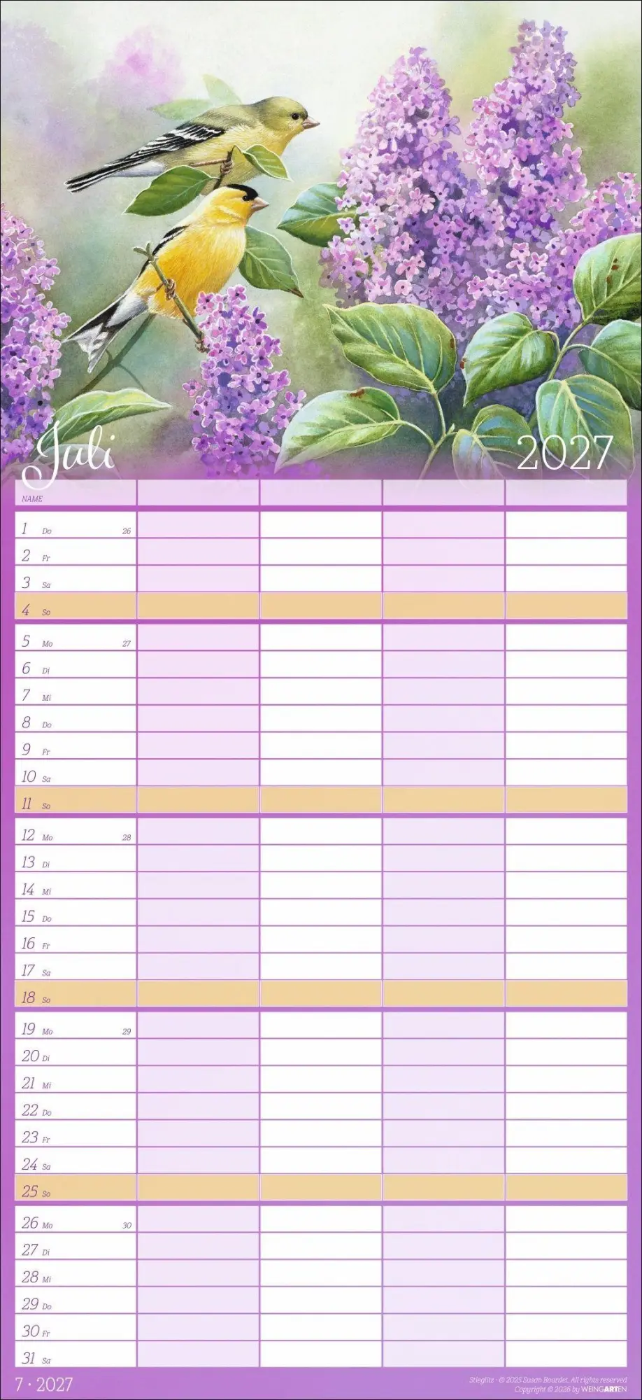 Bild: 9783839904473 | Bunte Vogelwelt Familienplaner 2027 | Susan Bourdet | Kalender | 15 S.