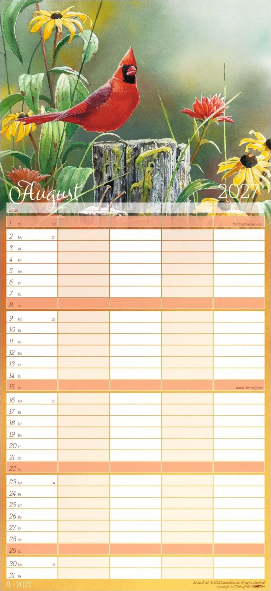Bild: 9783839904473 | Bunte Vogelwelt Familienplaner 2027 | Susan Bourdet | Kalender | 15 S.