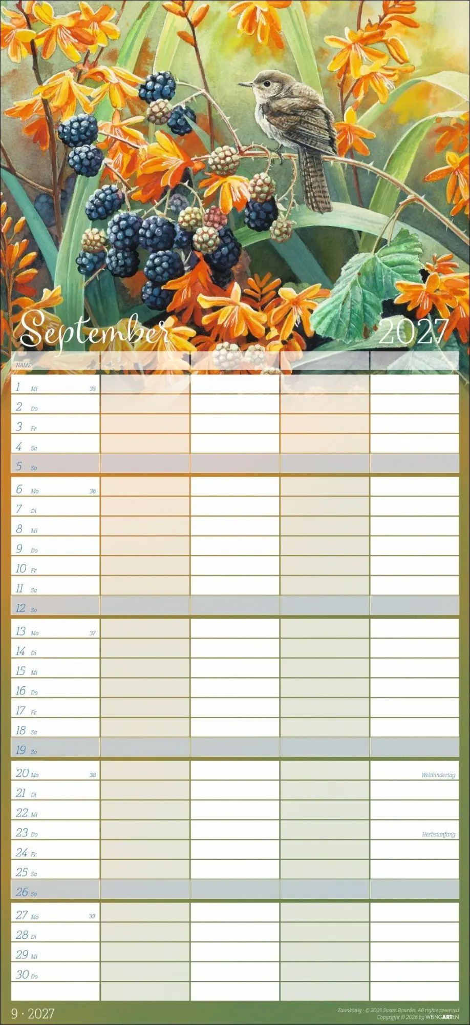 Bild: 9783839904473 | Bunte Vogelwelt Familienplaner 2027 | Susan Bourdet | Kalender | 15 S.
