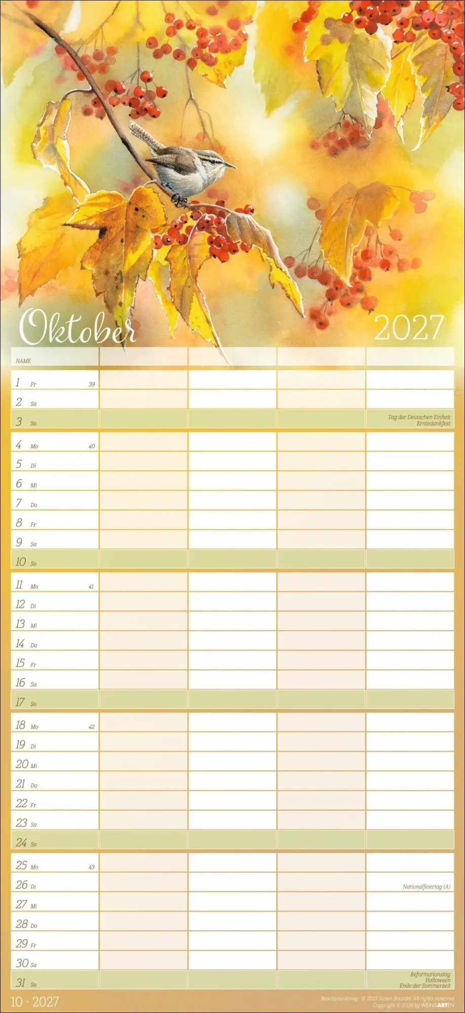 Bild: 9783839904473 | Bunte Vogelwelt Familienplaner 2027 | Susan Bourdet | Kalender | 15 S.
