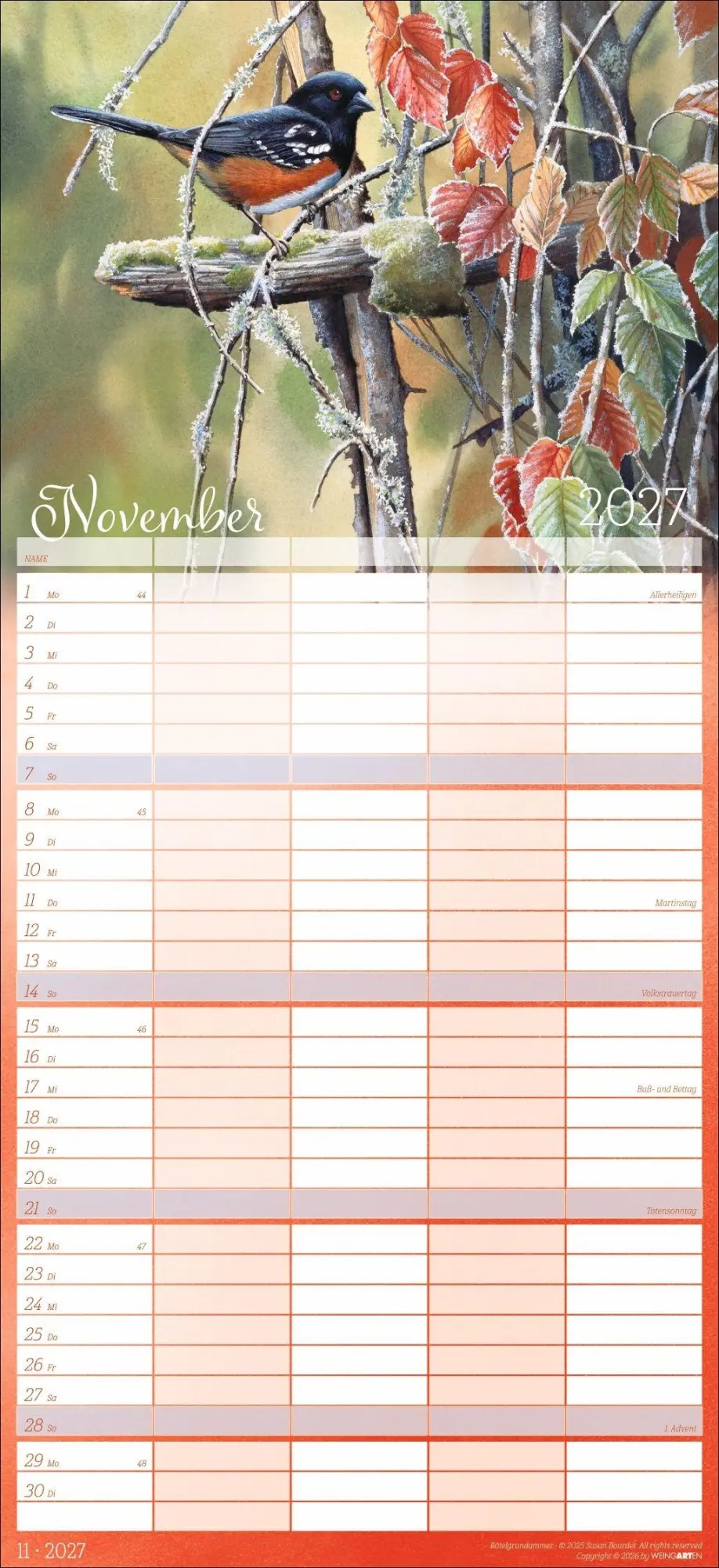 Bild: 9783839904473 | Bunte Vogelwelt Familienplaner 2027 | Susan Bourdet | Kalender | 15 S.