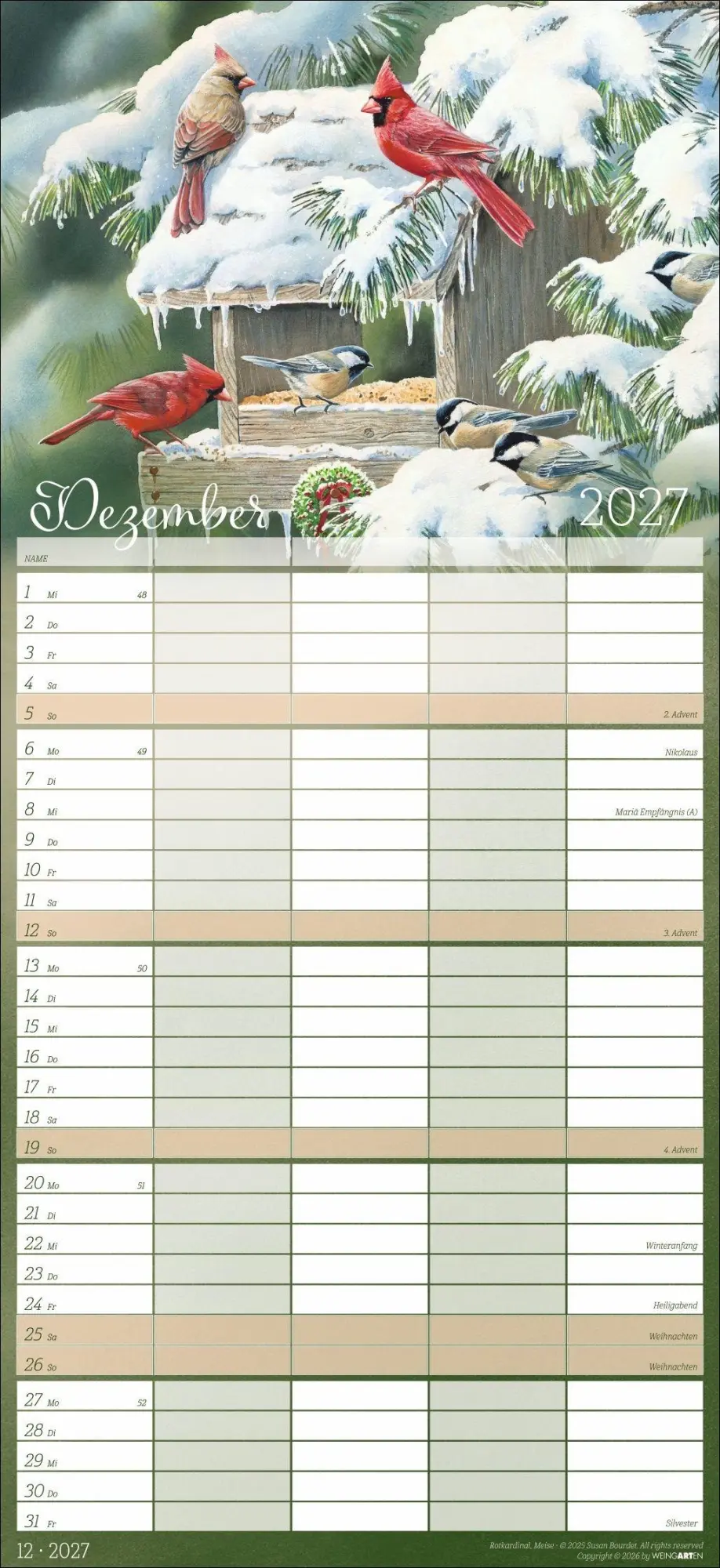 Bild: 9783839904473 | Bunte Vogelwelt Familienplaner 2027 | Susan Bourdet | Kalender | 15 S.