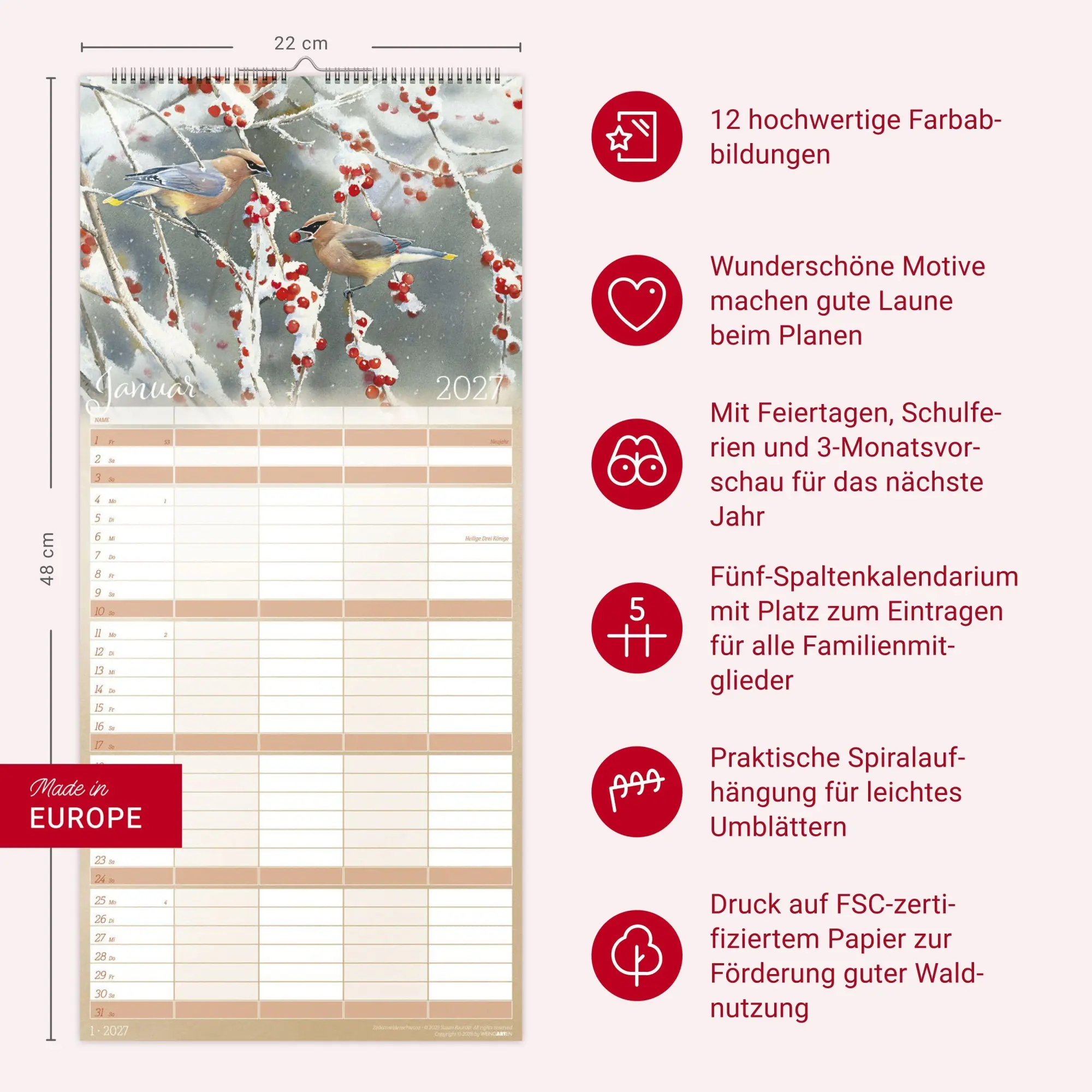Bild: 9783839904473 | Bunte Vogelwelt Familienplaner 2027 | Susan Bourdet | Kalender | 15 S.