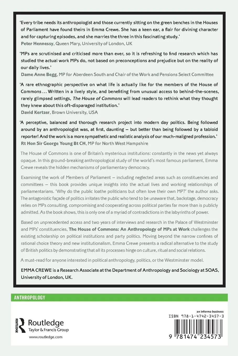 Rückseite: 9781474234573 | The House of Commons | An Anthropology of MPs at Work | Emma Crewe