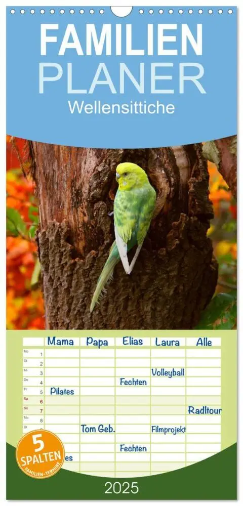 Cover: 9783457124673 | Familienplaner 2025 - Wellensittiche mit 5 Spalten (Wandkalender,...