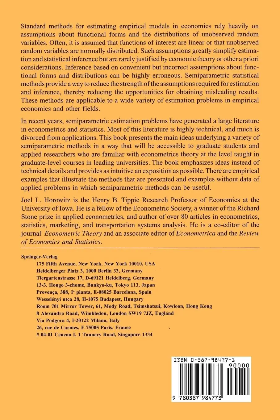 Rückseite: 9780387984773 | Semiparametric Methods in Econometrics | Joel L. Horowitz | Buch | x