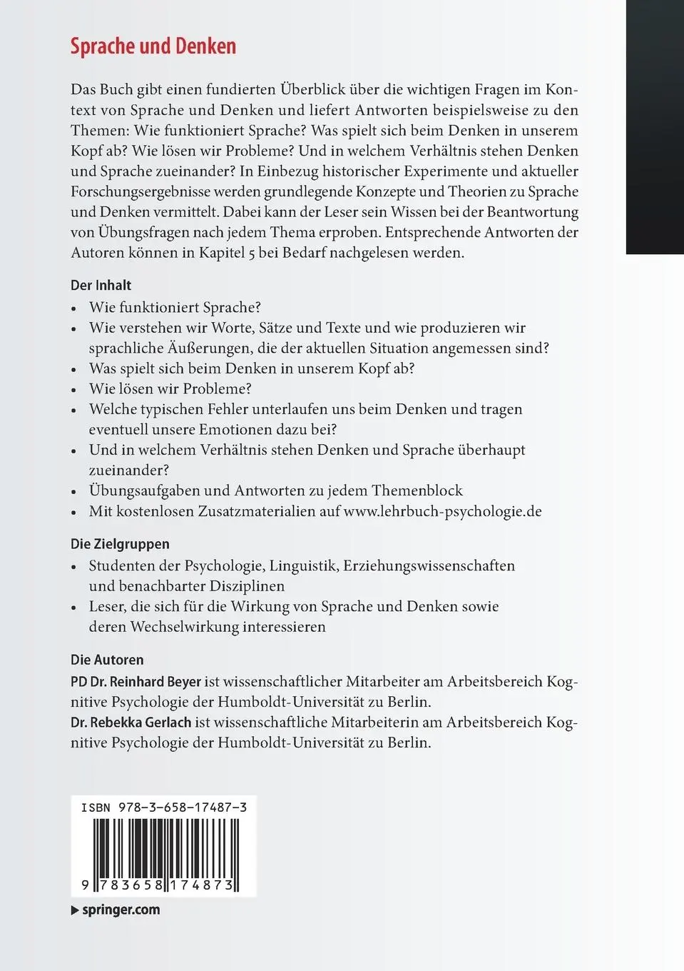 Rückseite: 9783658174873 | Sprache und Denken | Rebekka Gerlach (u. a.) | Taschenbuch | IX | 2017