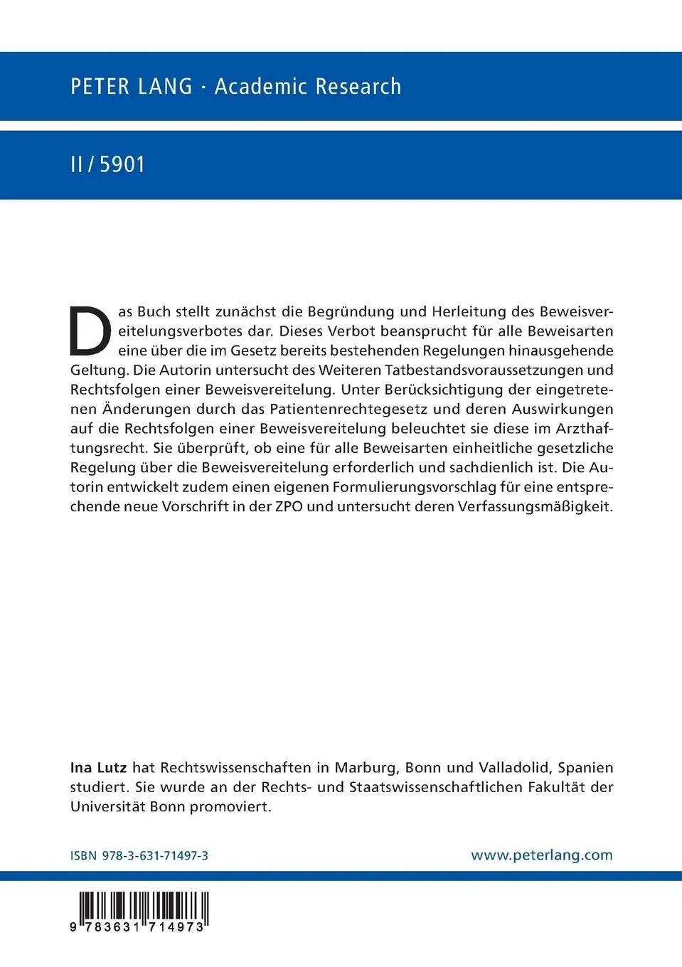 Rückseite: 9783631714973 | Beweisvereitelung im Zivilprozess | Ina Lutz | Taschenbuch | Deutsch