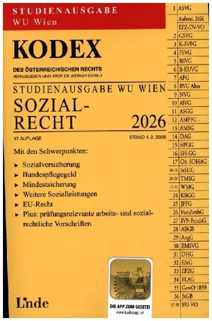 Cover: 9783707354973 | KODEX Studienausgabe Sozialrecht WU 2026 | Werner Doralt | Taschenbuch
