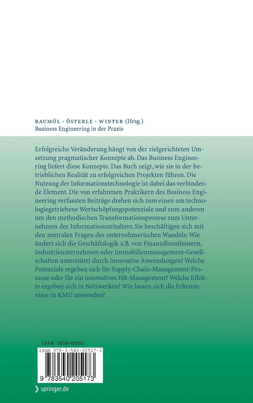 Rückseite: 9783540205173 | Business Engineering in der Praxis | Ulrike Baumöl (u. a.) | Buch