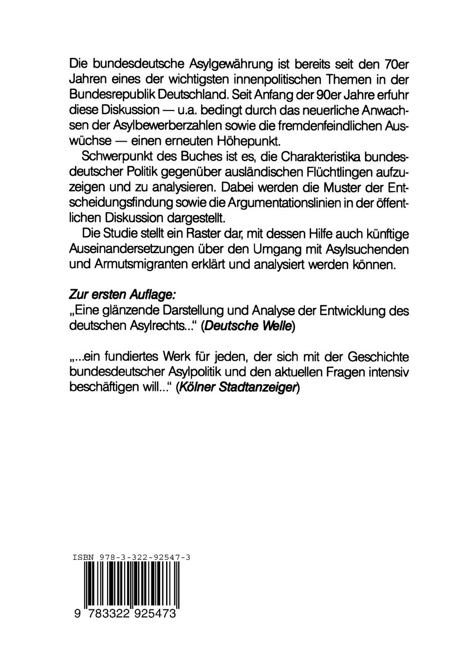 Rückseite: 9783322925473 | Asylpolitik in der Bundesrepublik Deutschland | Ursula Münch | Buch