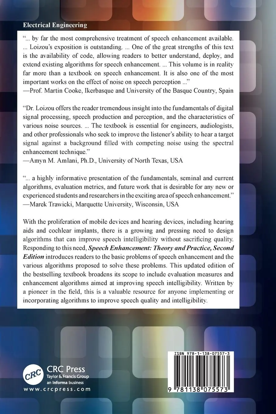 Rückseite: 9781138075573 | Speech Enhancement | Theory and Practice, Second Edition | Loizou