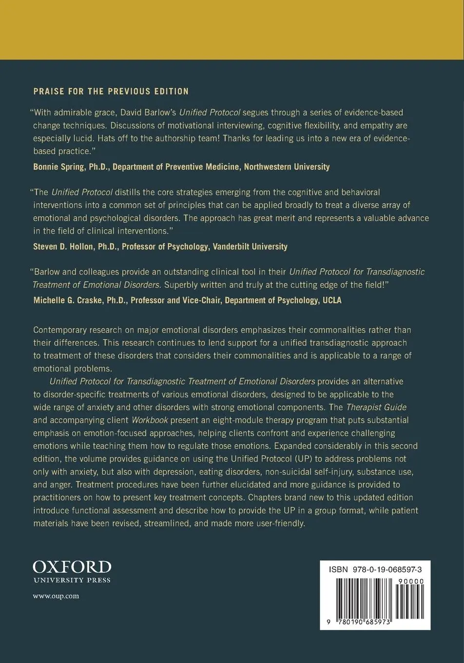 Rückseite: 9780190685973 | Unified Protocol for Transdiagnostic Treatment of Emotional Disorders
