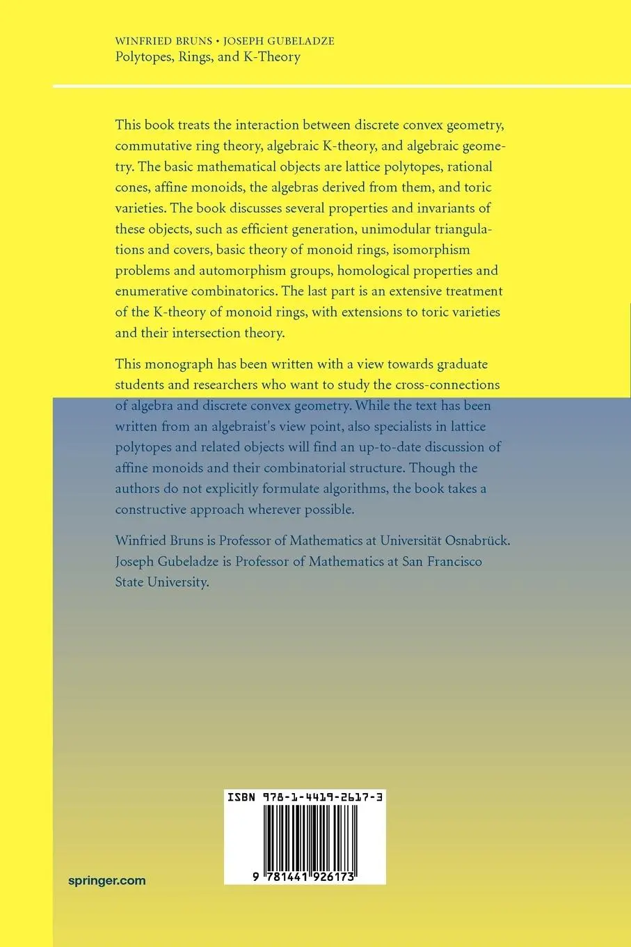Rückseite: 9781441926173 | Polytopes, Rings, and K-Theory | Winfried Bruns (u. a.) | Taschenbuch