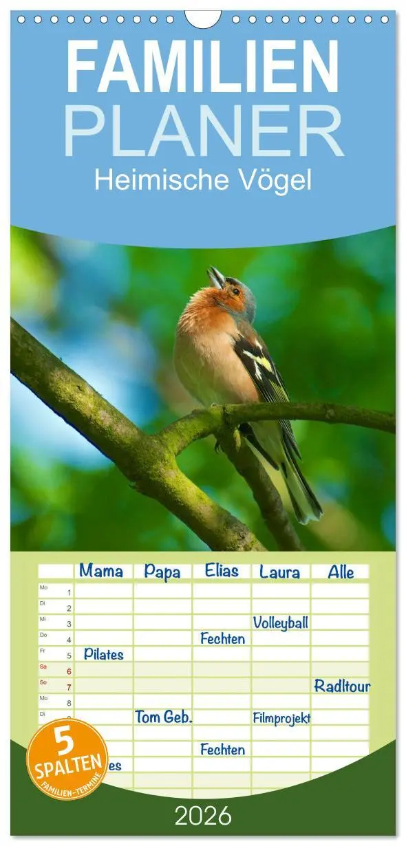 Cover: 9783516516173 | Familienplaner 2026 - Heimische Vögel mit 5 Spalten (Wandkalender,...